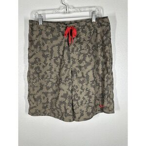 Nike Board Shorts Mens Medium Brown Gray Triangle Print Swim Trunks Red Swoosh